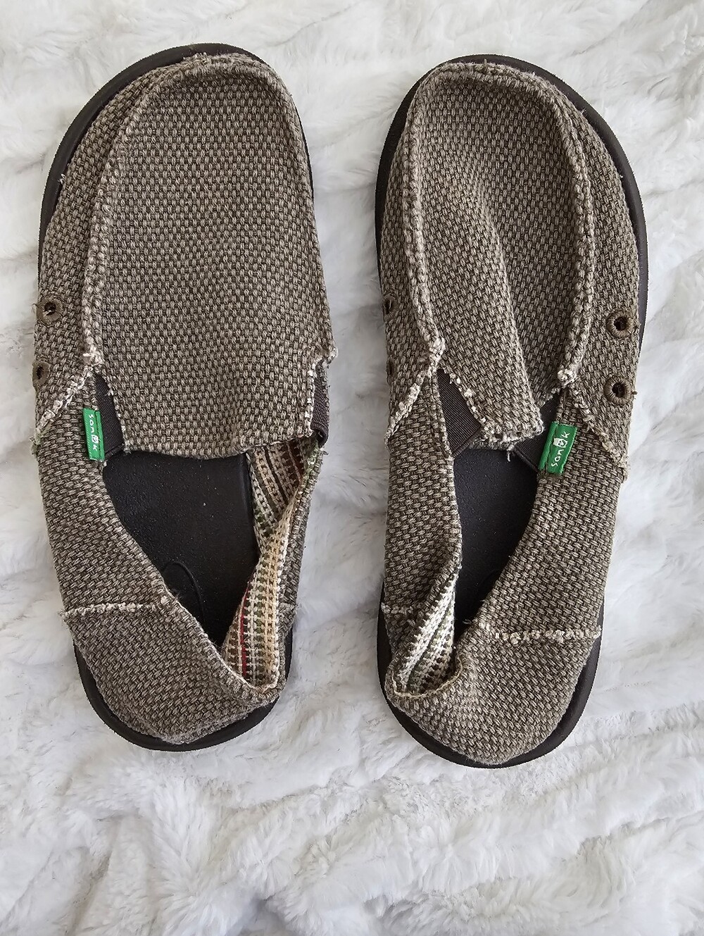 Sanuk Kid's Slip-On Canvas Loafers in   Taupe Brown/Olive Color, Size 5